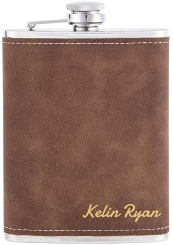 Flachmann Set mit Gravur, Flachmann Edelstahl 8oz/237ml Personalisiert für Camper Wanderer Jäger Golfer, Personalisierte Geschenke für Männer Partner Mann Ihn Freund Papa Opa Onkel (Braun)