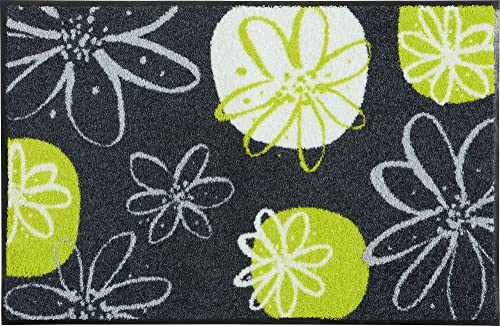 Erwin Müller Fußmatte Koblenz, Schmutzfangmatte, Fußabtreter rutschhemmend, Blumenmotiv grau/grün Größe 60x85 cm - robust, langlebig, pflegeleicht, für Fußbodenheizung geeignet