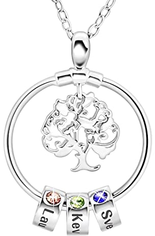 Namenskette Personalisierte Edelstahl Rund Kette mit Name Lebensbaum Halskette Stammbaum des Lebens Anhänger Gravur 1 bis 6 Kinder Namen Geburtsstein für Mutter Familien Oma