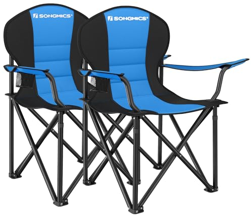 SONGMICS Campingstuhl, 2er Set, klappbar, Klappstuhl, bequemer mit Schaumstoff gepolsterter Sitz, mit Flaschenhalter, hoch belastbar, max. Belastbarkeit 250 kg, Outdoor-Stuhl, blau GCB06BU02