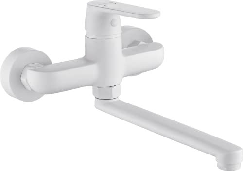 ADGO Dima Küchenarmatur für Spüle, Lange Wasserhahn für Spülbecken, Spültischarmatur, Wandarmatur Küchenspüle, Einshand-Spültischbatterie, Wand-Küchenmischer mit Ein Knopfen, Wand Armatur (Weiß)