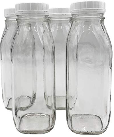 The Dairy Shoppe Glass Milk Bottle, Heavy Glass with Lid, Creamery Style (4, Threaded Pint)