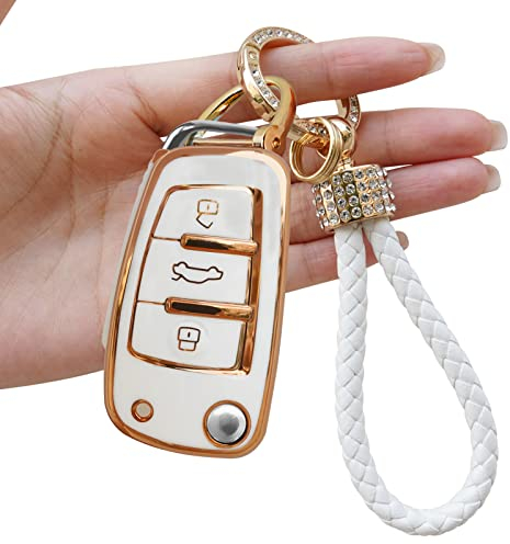 Yumzeco Silicone TPU Autoschlüssel Hülle Cover, 3 Tasten Autoschlüssel Cover Kompatibel mit A1 A3 A4 A5 A6 Q3 Q5 Q7 S3 S4 RS5 RS6 TT, Auto Keyless Smartkey Schutzhülle mit Schlüsselbund(Weiß)