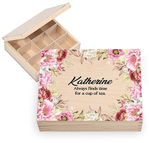 Personalisiertes Geschenk Holz-Tee-Box Teekiste mit Namen DEIN TEXT 20,5 x 23,5 cm Aufbewahrungsbox für Tee aus Holz mit 9 Fächern Tee-Organizer mit individuellem UV-Druck Motiv Finds Time [160]