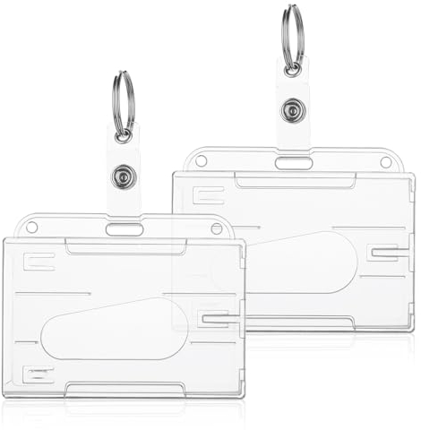 Amaxiu 2 Stück ID Kartenhalter mit Schlüsselring,Durchsichtige ID Ausweishalter Kartenhülle Daumen Schlitz Kartenhalter Kreditkarte Schutz Ausweishüllen für Krankenhaus Lehrer Büro Schule(Horizontal)