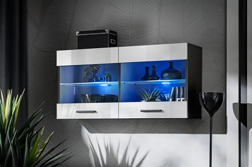 Komodee Vitrine Savona Weiß/Schwarz 100x50x30 cm | Vitrine Savona, Weiß/Schwarz, Breite 100cm x Höhe 50cm x Tiefe 30cm, ohne LED, 2 Glasböden, 2 Türen, für Wohnzimmer
