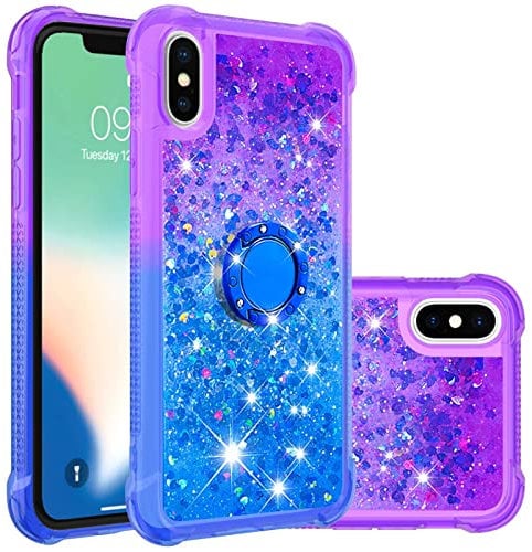 Reevermap iPhone XS Phone Case with Ring Holder iPhone X Case Kickstand, Clear Glitter Liquid Floating Silicone Case Sparkle 360 Degree Rotating Ring Grip Case Cover for Girls Women, Purple & Blue