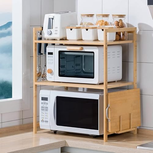 Willonin Cuisine Micro-Ondes Rack, Support Micro-Ondes en Bois, Étagères de Cuisine Ajustable Etagere Rangement,avec 4 Crochets (52 * 37 * 65cm)