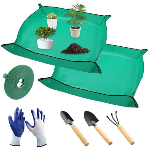 Infreecs 2 Stück Pflanzunterlage, 100x100cm wasserdichte Gartenmatte Pflanzmatte mit 3 Gartenschaufel, Handschuhe und Pflanzenbinder, Faltbare Umtopfen Pflanzmatte für Umtopf, Sukkulenten, Sämling