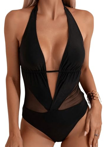 GORGLITTER Mesh Badeanzug Damen Einteiliger Badeanzug Sexy Schwimmanzug Neckholder Badeanzug Mit Cut Out Bademode
