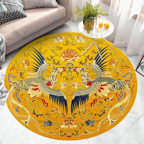 Tapis Salon Style Chinois Jaune Tapis Chambre Tapis Rond Moelleux Anti Slip Tapis de Salon Lavable Tapis pour Chambre d'enfant Buanderie Balcon Décor Maison Tapis Rond 80 cm