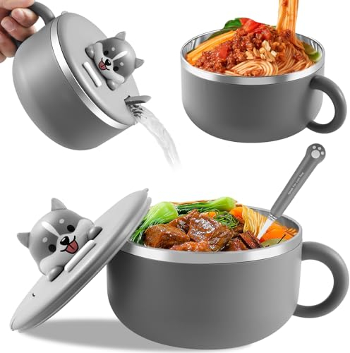 Bol de Ramen avec Couvercle Chat 1200 ML Bol de Nouilles Instantanées en Acier Inoxydable avec Cuillère à Fourche Résistantes à la Chaleur bol de Ramen pour Soupe Nouilles Boulettes Salades (Gris)