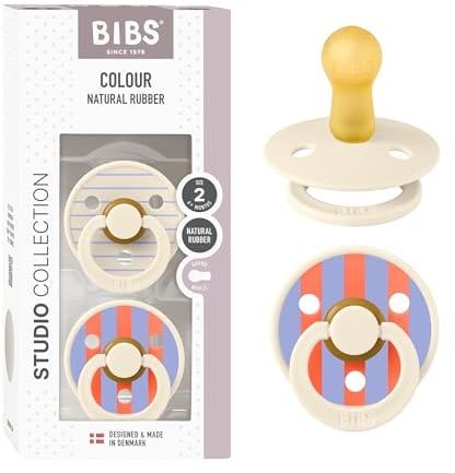 BIBS Colour Studio Schnuller 2er-Pack, BPA-frei, Kirschform Nippel. Naturkautschuk/Latex, Hergestellt in Dänemark, Größe 2 (6-18 Monate), Pin Ivory
