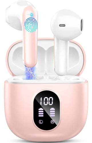 Auriculares Inalambricos, Auriculares Bluetooth 5.3 HiFi Estéreo, 50H Cascos Inalambricos Bluetooth con 4 HD Mic,2024 Audifonos Inalambricos Cancelacion de Ruido ENC/Pantalla LED/IP7 Impermeable/Rosa
