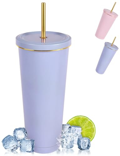 flintronic Isolierter Thermobecher, 750ML Doppelwandige Edelstahl Wasserflasche, Trinkbecher mit Strohhalm und Deckel, Kaffeebecher, Auslaufsichere Isolierbecher für Kaffee, Tee, Warme und Kalte