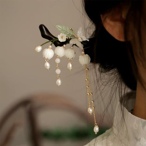 Maiglöckchen Glocke Orchidee Perle Quaste Haarspange Schmetterling Blumen Haar Essstäbchen Haarnadel Antike Stil Holz Haarschmuck (Weiß)