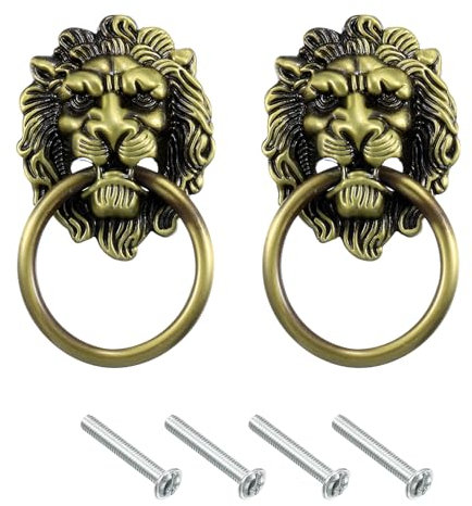 sourcing map 2 Pcs Lion Head Pulls Knob, 3.54 x 2 Zinc Alloy Vintage Lion Door Handle Decorative Front Door Knob Ring Pull Handle for Gate Cabinets Drawers, Bronze