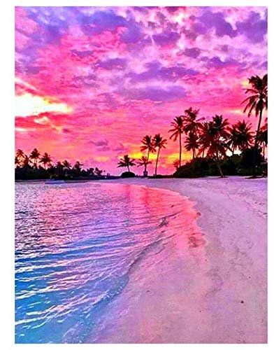 Rfeeuubft Gemälde mit Stickerei an der Küste, rundes Gemälde, Strass, Dekoration