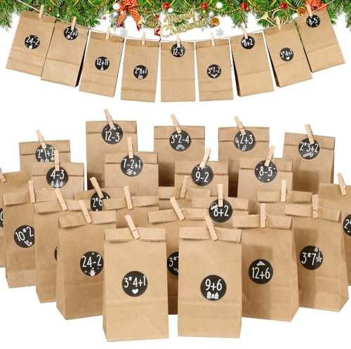 BOOMTOP 2024 Adventskalender zum Befüllen 24 Tüten Kraftpapier Papiertüten mit Zahlen Aufkleber 1-24 Weihnachten Tüten Geschenktüte Weihnachtskalender zum Selber Basteln mit Klammern und Juteschnur