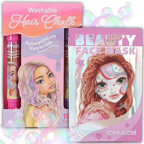 TOPModel Haarkreidestifte BEAUTY and ME + TOPModel Tuchmaske Holo BEAUTY and ME – Kreatives Beauty-Set für Mädchen, zum Haarfärben mit Kreide und Pflege mit holografischer Tuchmaske
