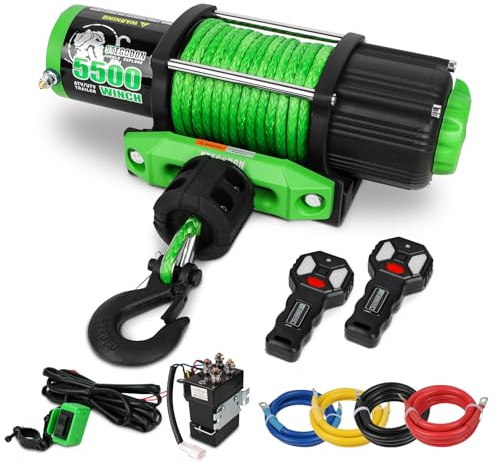 STEGODON Treuil électrique 5500 12 V pour VTT/UTV avec corde synthétique, 2 télécommande sans fil et butée de treuil pour remorquage Jeep, SUV, camion, voiture, remorque, bateau