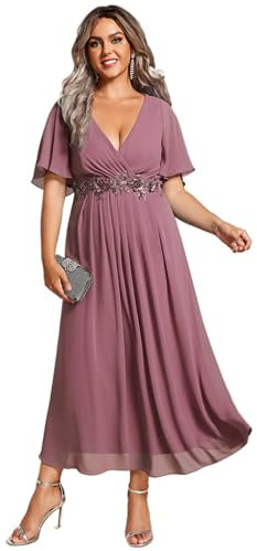Ever-Pretty Plus Size Women's Breathable Wedding Guest Dress Short Cap Sleeves with Delicate Applique Elegant Mother of The Bride Outfits Orchid 20UK