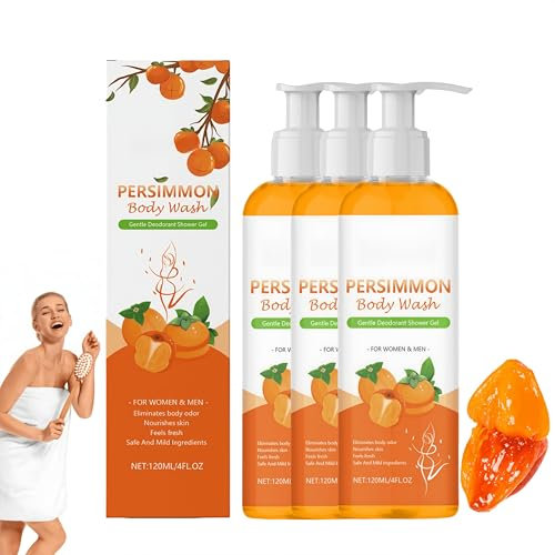 Gel de ducha de caqui y té verde - 120 ml, hidratante natural. Gel de ducha para una limpieza suave y profunda, piel radiante, fragancia duradera, vegano y sin crueldad animal. (3 Piezas)