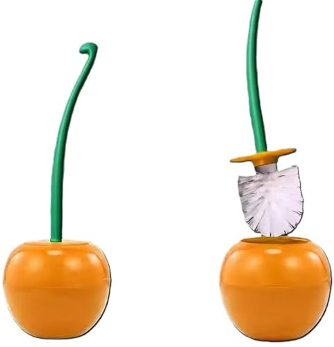Decorative Cherry-Shaped Toilet Brush and Holder Set, 38 cm Long Handle, 2-Pack (Orange)
