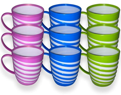 QUANTA Plastic Mug with Handle – Lightweight, Unbreakable, Reusable Camping Mugs for Elderly, Adults, Kids – Hot, Cold Drink Cups for Coffee, Tea, Water, Milk – Office, Travel, Caravan (9, Striped)