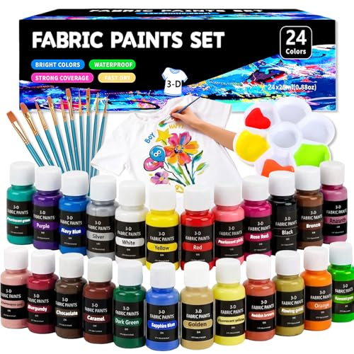 MinXin Colori per Tessuti Permanenti, 24x25ml Fabric Paint, Pittura Vernice per Tessuti con 10 Pennelli 1 Tavolozza, Vernice Pittura Acrilica Professionali per Tela Rocce Legno Ceramica Tessuto