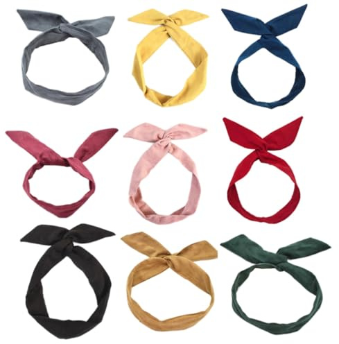 Einfarbige Draht-Stirnbänder für Frauen mit Hasenohren, Schleifen-Stirnband, passendes Retro-Yoga-Sport-Kopfwickel-Haar-Accessoire, Packung mit 9 verdrehten verdrahteten Stirnbändern