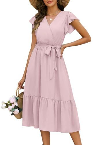 Fashora Robe Longue Femme Été Chic et Elegant Col en V Robes Fluide Taille Haute Décontractée Boheme Robe de Plage à Manches à Volants A-Line Casual Robes D'été (Rose, M)