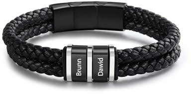 Jeweidea Personalisiertes Herrenarmband aus PU-Leder mit Namensgravur Verstellbares Edelstahl-Perlenarmband für Papa Vatertagsgeschenk