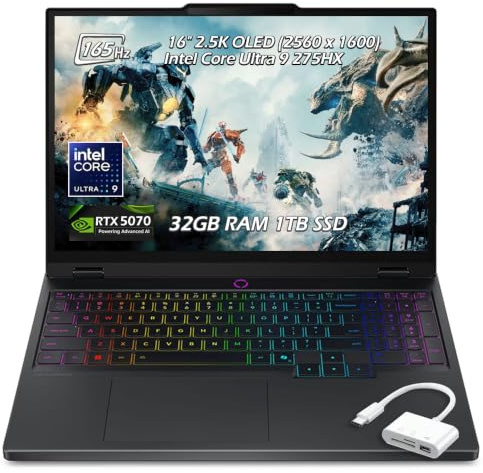 Lenovo Legion Pro 5i 16 WQXGA 2.5k OLED 500 nits 165Hz Gaming Laptop, Intel Core Ultra 9 275HX 24C, RTX 5070, 32GB DDR5 1TB SSD, Backlit KB, WiFi7, Win11, Eclipse Black, 2TB Flash Drive, W/GaLiMu