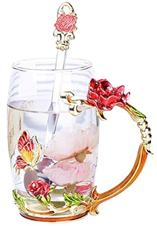 YBK Tech Creative Fleur Mug en Verre Verre Cristal Tasse à Thé avec Poignée pour Boisson Chaude, Thé glacé, Naked jus pour Sœur, Maman, Grandma, Teachers- Rose Rouge, Big (350ml)