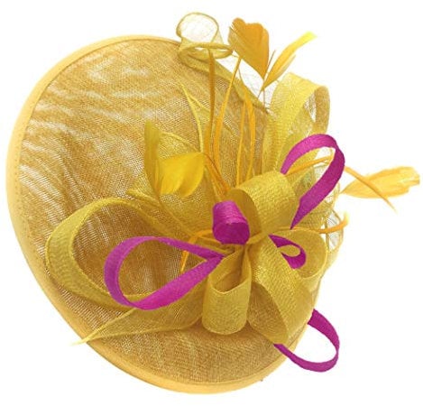 Caprilite Yellow and Fuchsia Hot Pink Sinamay Big Disc Saucer Fascinator Hat for Women Weddings Headband