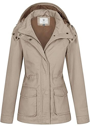 WenVen Veste Femme mi Saison Parka Grande Taille avec Capuche Amovible Veste Militaire Coupe Ajustée Veste Classique Automne Hiver Manteau Trench Coat Manteau en Coton Kaki L