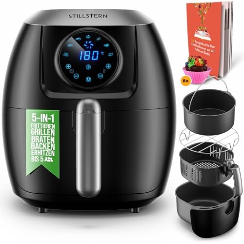 Stillstern Heißluftfritteuse 5L mit LED-Touchscreen, Timer [120Min], 7 Kochprogrammen, 120 Rezepte auf Deutsch, Brotbackkorb, Shake-Funktion, 1800W, Air Fryer XXL Friteuse Heissluftfritteuse ohne Öl