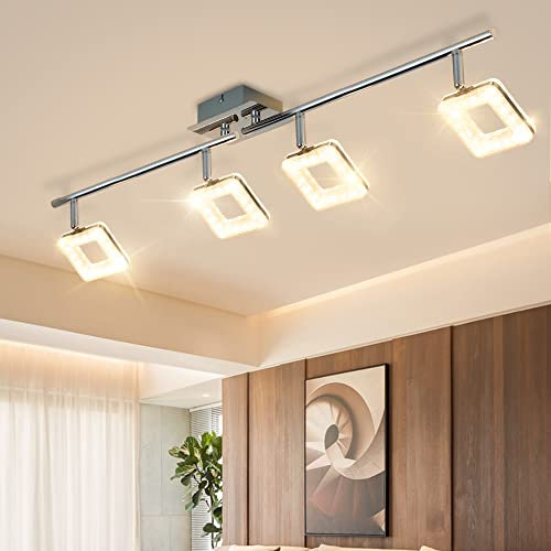 4-Wege-LED-Deckenstrahler, gerade, drehbar, Kristallsand-Lampenkopf mit Chrom-Finish, 3000 K Warmweiß, 4 x 5 W, moderne quadratische Deckenleuchte für Schlafzimmer, Küche, Wohnzimmer
