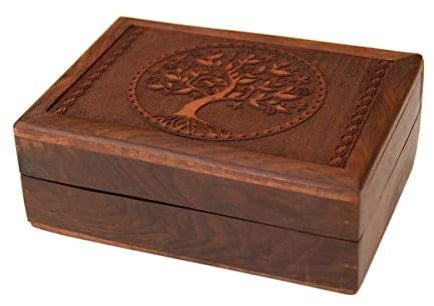 lillybox Schatulle Kästchen Schmuckkästchen Tarotdose aus Holz (schwarzes Polster) mit geschnitztem Baum handgemacht