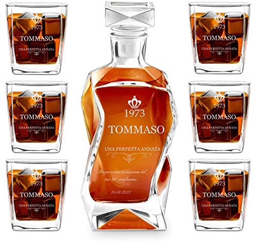 Maverton Set Decanter per Whisky in vetro - da 700 ml - incisione personalizzata - Caraffa con 6 bicchieri - idea regalo per il compleanno - per l’ uomo - Un’ottima annata