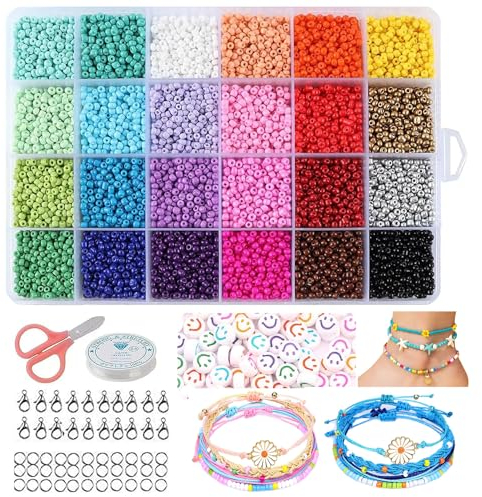 ZesNice Perlen Auffädeln, Perlen für Armbänder, Glasperlen Perlenset Erwachsene, Rocailles Perlen, Bastelperlen Bastelzubehör Schmuck Basteln Bastelset, 3mm