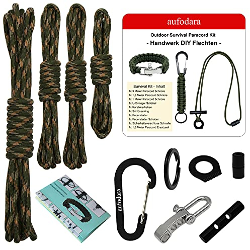 aufodara Outdoor Survival Paracord Kit Making Set DIY Weaving Paracord Bracelet, Paracord Key Chain, Pacrcord Necklace with Fire Steel (Green Camouflage)