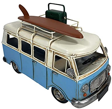 G&S Miniatur Van Kombi aus Eisen, Modell Koffer und Surfbrett, Blau, Länge 28 cm