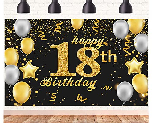 POPOYU Banner 18 Geburtstag Frau XXL,18. Geburtstag Banner Gold Schwarz,Geburtstagsplakat 18 Jahre,18. Geburtstag.Mann Banner&Groß,Deko 18Geburtstag Banner.für Männer Frauen Geburtstagsfeier