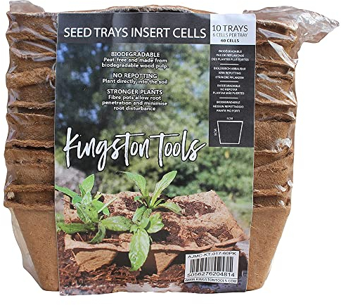 Kingston Tools Biodegradable Seed Trays Inserts Cells – 10 Trays/60 Cells (6 Cells per Tray) – Plant Potting Garden Tray –Peat-Free Wood Pulp Gardening Fibre Square Pots – Ideal for Seeds and Seedling