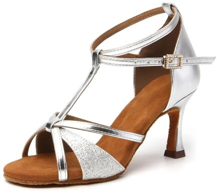 SWDZM Chaussures de Danse Ouverte Femme Latine Tango Valse Fête Sociale Salsa Danse de Salon,Argent,Talon-7.5CM,EU 36.5