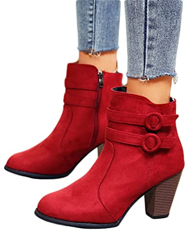 Minetom Stivali Donna Invernali Stivaletti Camoscio Tacco A Blocco Cerniera Stivali Corti Scarpe Hasp Outdoor Ankle Boots A Rosso 37 EU