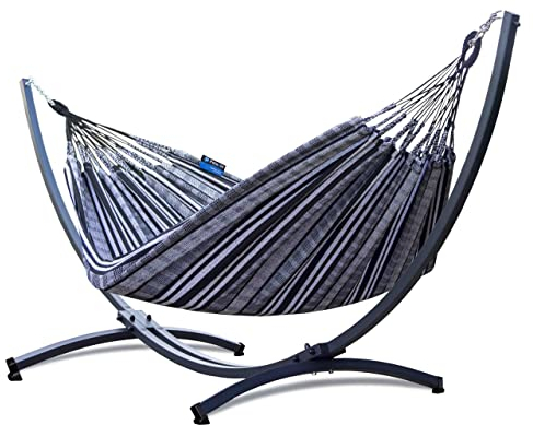 Potenza Outdoor Hängematte mit Verzinkter Gestell für 2 Personen I 100% Baumwolle Pereira Doppelhängematte 220x140 cm, 160kg I Hängemattengestell 220kg, wetterfest (Zebra, Basic Gestell Graphit)