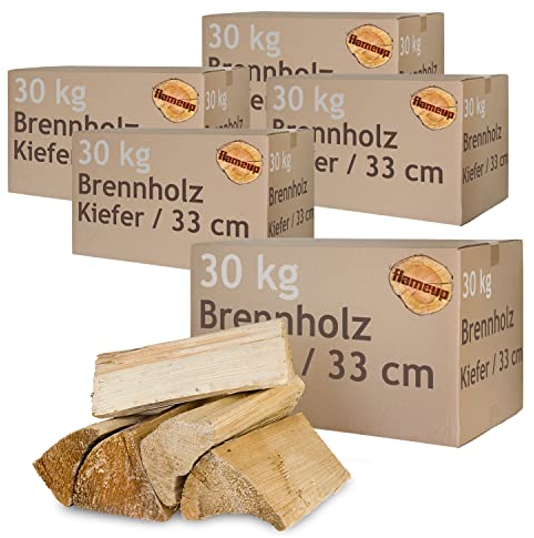 Kiefer Brennholz Kaminholz Holz 5-500 kg Für Ofen und Kamin Kaminofen Feuerschale Grill Feuerholz Holzscheite Wood 33 cm kammergetrocknet Flameup, Menge:150 kg